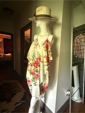Vizio Cream Floral Slip Dress with Pink Rose Print